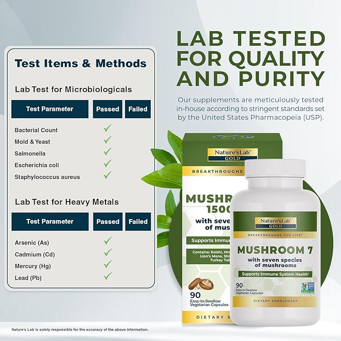 Nature's Lab Mushroom 7 Organic Blend - Benefits The Immune System, Cell Function and Endurance - 90 Capsules (45 Servings)