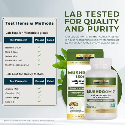 Nature's Lab Mushroom 7 Organic Blend - Benefits The Immune System, Cell Function and Endurance - 90 Capsules (45 Servings)