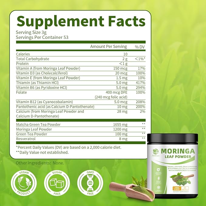 Organic Moringa Powder & Matcha Powder, Multi-Green Superfoods with Green Tea Resveratrol - Energy and Digestive Support, Rich in Antioxidants and Vitamin A D3 E B6 B12 Calcium, Non-GMO, Vegan, 5.6 oz