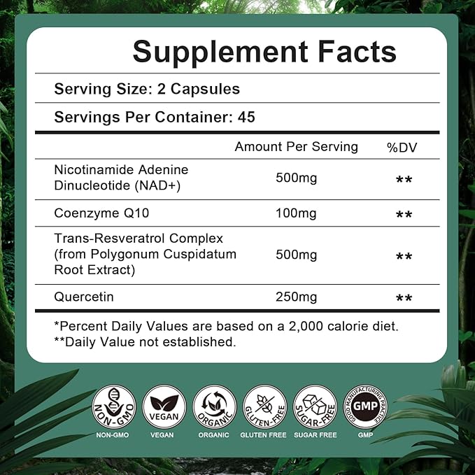 NAD Supplement 500mg, Pure Organic NAD+ Supplement for Women & Men, NAD+ with Trans-Resveratrol & CoQ10 & Quercetin for Cellular Energy & Healthy Aging, NMN Alternative (90 Vegan Caps)