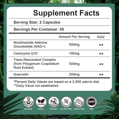 NAD Supplement 500mg, Pure Organic NAD+ Supplement for Women & Men, NAD+ with Trans-Resveratrol & CoQ10 & Quercetin for Cellular Energy & Healthy Aging, NMN Alternative (90 Vegan Caps)