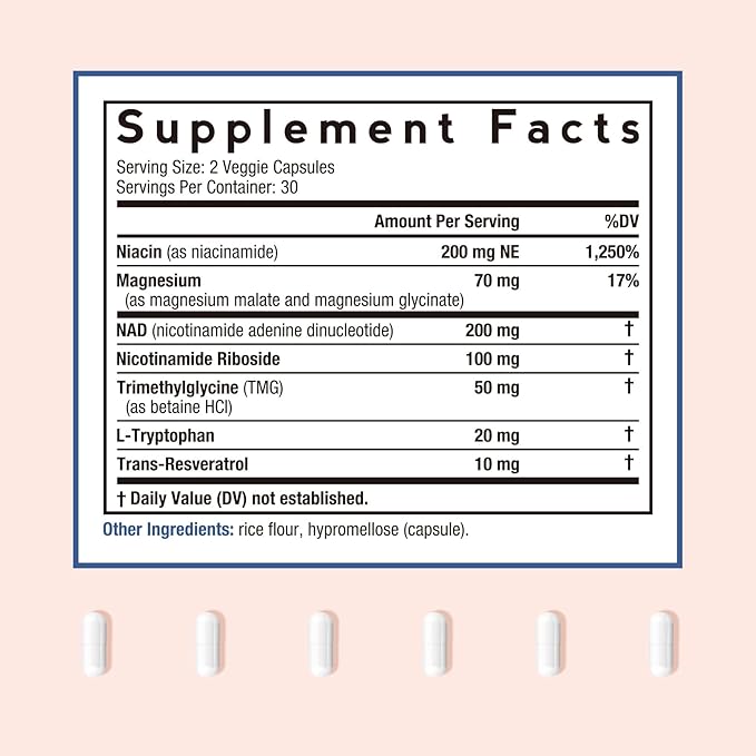 Doctor's Recipes NAD Supplement, Nicotinamide Riboside, Resveratrol, NMN Alternative for Anti-Aging, w/Magnesium Glycinate & L-Tryptophan, 650mg Per Serving, Energy & Mood Boost, 60 Vegan Capsules