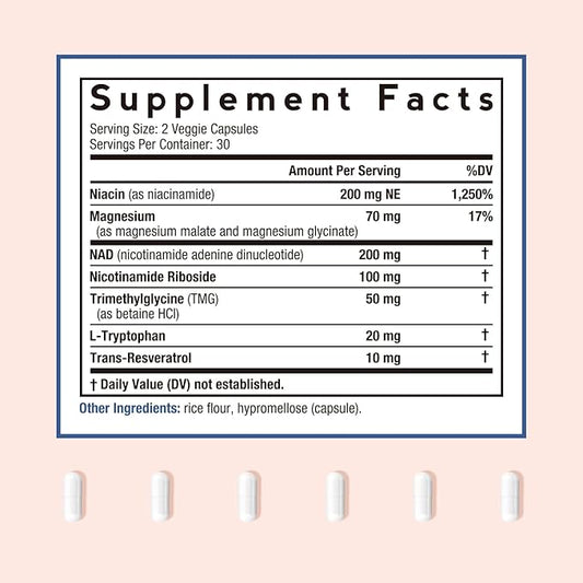 Doctor's Recipes NAD Supplement, Nicotinamide Riboside, Resveratrol, NMN Alternative for Anti-Aging, w/Magnesium Glycinate & L-Tryptophan, 650mg Per Serving, Energy & Mood Boost, 60 Vegan Capsules