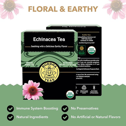 Buddha Teas - Organic Echinacea Tea - Herbal Tea - Immune Boosting - With Antioxidants & Minerals - Clean Ingredients - Caffeine Free - 18 Tea Bags (Pack of 1)