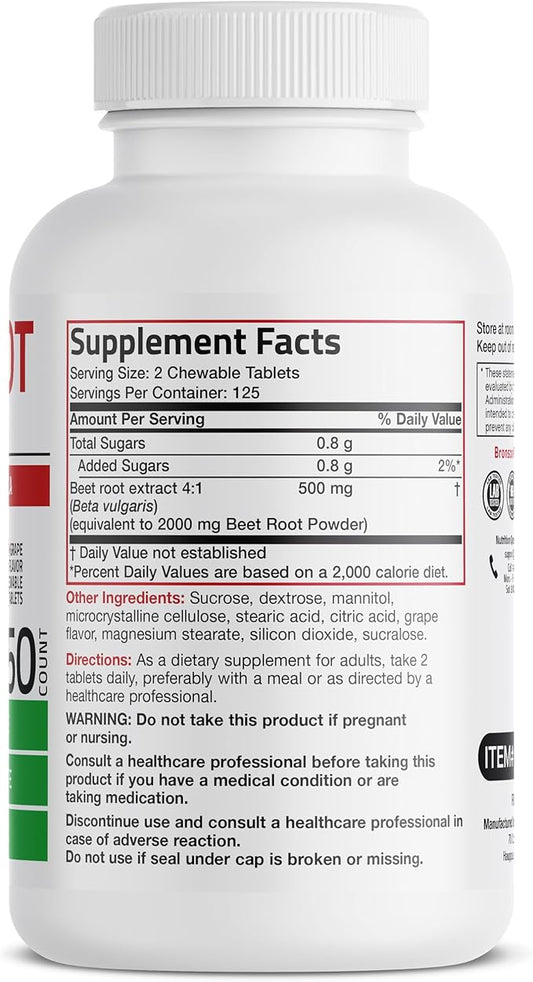 Bronson Beet Root Chewables 2000 MG, Grape Flavored - Extra Strength 2000 MG Per Serving Circulation Support Heart Health & Stamina, Non-GMO, 250 Vegetarian Grape Flavored Chewable Tablets