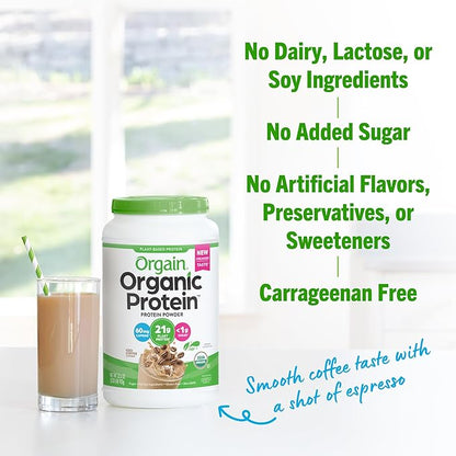 Orgain Organic Vegan Protein Powder, Iced Coffee - 21g Plant Protein, 60mg of Caffeine, Low Net Carb, No Lactose Ingredients, No Added Sugar, Non-GMO, For Shakes & Smoothies, 2.03 lb