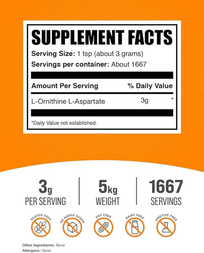 BulkSupplements.com L-Ornithine L-Aspartate Powder - Ornithine Supplement, Amino Acid Supplement - Gluten Free, 3g per Serving, 1kg (Pack of 5) (11 lbs)