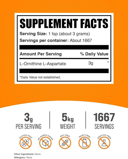 BulkSupplements.com L-Ornithine L-Aspartate Powder - Ornithine Supplement, Amino Acid Supplement - Gluten Free, 3g per Serving, 1kg (Pack of 5) (11 lbs)