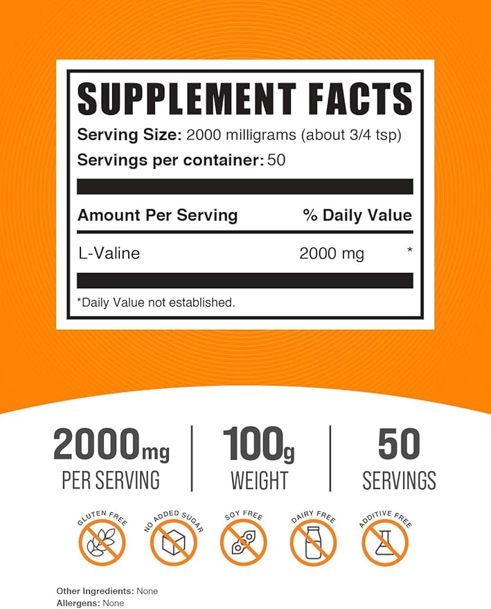 BulkSupplements.com L-Valine Powder - Valine Supplement, BCAA Supplement, Amino Acid Powder - Unflavored & Gluten Free, 2g per Serving, 100g (3.5 oz) (Pack of 1)