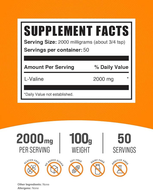 BulkSupplements.com L-Valine Powder - Valine Supplement, BCAA Supplement, Amino Acid Powder - Unflavored & Gluten Free, 2g per Serving, 100g (3.5 oz) (Pack of 1)