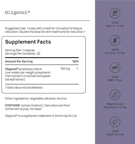 Quality of Life Oligonol Premium Anti Aging Supplement - Promotes Cardiovascular Health, Circulation & Youth, Includes Antioxidants - Lychee Fruit Extract - 30 Vegicaps