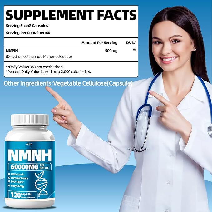 ACEYO NMNH(Dihydronicotinamide Mononucleotide),500mg Per Serving,NAD Supplement to Boost NAD+ Levels for Energy, Immunity, Focus,120 Capsules