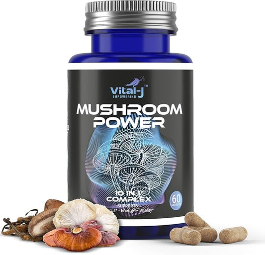 Mushroom Power Complex 10-in-1 W/Cordyceps, Reishi, Shiitake & Lions Mane, Nootropic Dietary Supplement for Gut Microbiome, Focus, Energy & Vitality - 60 Capsules