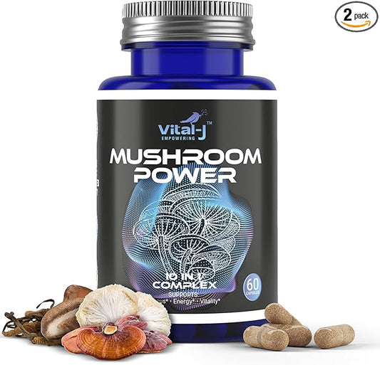 Mushroom Power Complex 10-in-1 W/Cordyceps, Reishi, Shiitake & Lions Mane, Nootropic Dietary Supplement for Gut Microbiome, Focus, Energy & Vitality - 120 Capsules Pack of 2