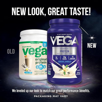 Vega Original Essential Protein - 25g Plant-Based Protein, Creamy Vanilla, 20 Servings, Vegan Non-GMO Drink Mix, Smoothie & Shake Ready, Gluten Free, Dairy Free, 32.5oz (Packaging May Vary)