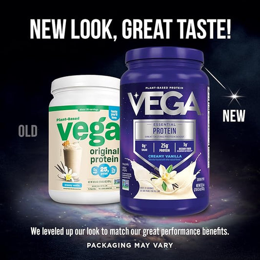 Vega Original Essential Protein - 25g Plant-Based Protein, Creamy Vanilla, 20 Servings, Vegan Non-GMO Drink Mix, Smoothie & Shake Ready, Gluten Free, Dairy Free, 32.5oz (Packaging May Vary)