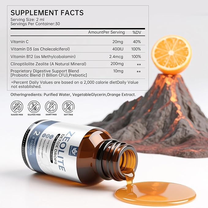 (2 Pack) Zeolite Drops for Adults and Kids – 99%+ Pure Natural Zeolite clinoptilolite, with Vitamin B, Probiotic Blend, Vegan, Non-GMO - Supports Immune Health, Supplement Energy and Attention