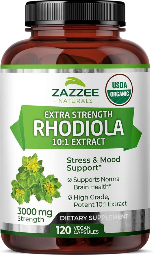 Zazzee USDA Organic Rhodiola 10:1 Exract, 3000 mg Strength, 120 Capsules, 4 Month Supply, Standardized and Concentrated 10X Extract, 100% Vegetarian, Extra Strength, All-Natural and Non-GMO