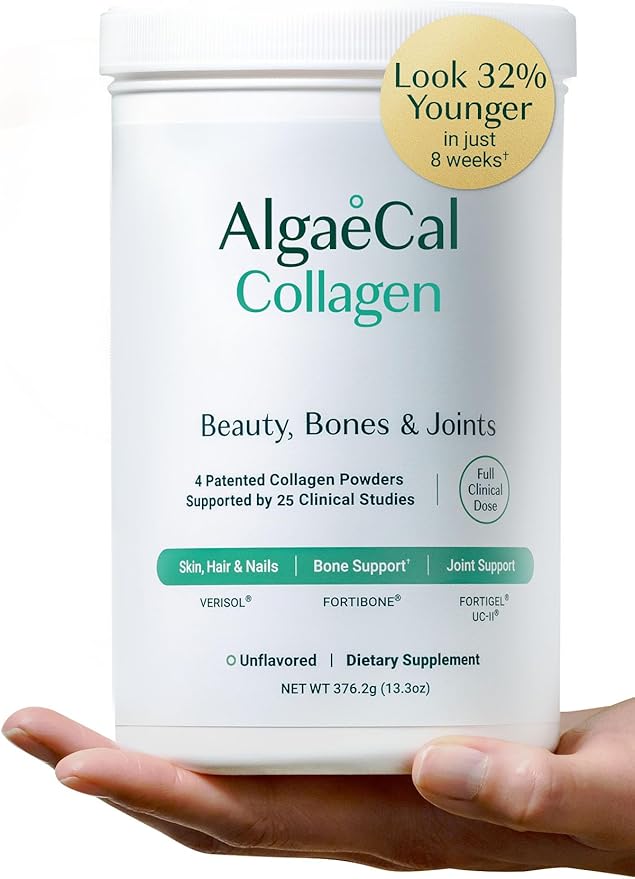 ALGAECAL Collagen: 4 Clinically-Supported Peptides VERISOL®, FORTIGEL®, UC-II®, FORTIBONE®, Anti-Aging Hydrolyzed Collagen Powder, 30 Servings, Made in USA
