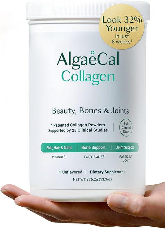 ALGAECAL Collagen: 4 Clinically-Supported Peptides VERISOL®, FORTIGEL®, UC-II®, FORTIBONE®, Anti-Aging Hydrolyzed Collagen Powder, 30 Servings, Made in USA