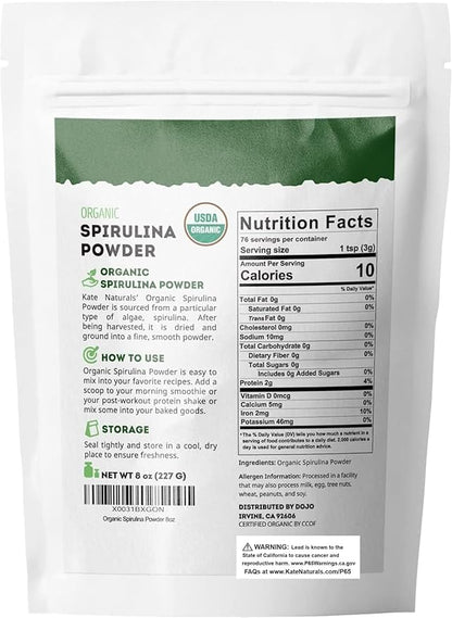 Kate Naturals Organic Spirulina Powder for Immune Support and Antioxidants. Nutrient Dense Superfood Supplement (8 oz, USDA Certified, Non-GMO, Gluten- Free)