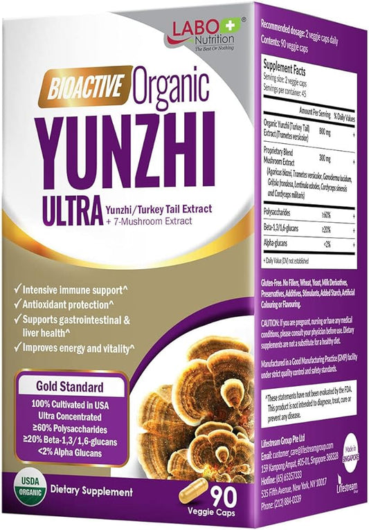 LABO Nutrition Bioactive Organic Yunzhi/Turkey Tail Ultra - 7 Mushroom Extract Supplement, Turkey Tail Cordyceps Maitake Reishi Agaricus blazei Shiitake for Immunity No Fillers Vegan USDA Organic