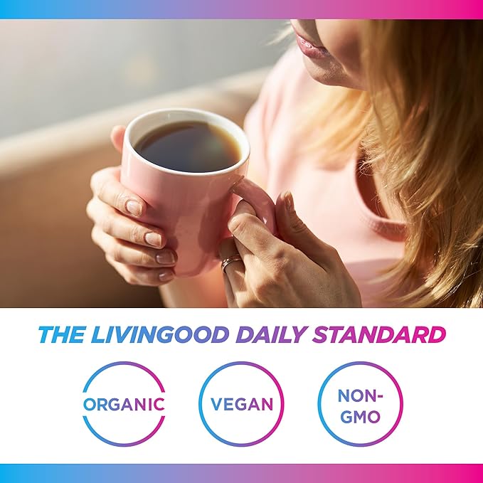 Livingood Daily Coffee with Moringa, Ground Decaf Coffee with Plant Based Ingredients for Daily Wellness, Made with Moringa Powder, Organic, Non GMO, Vegan, Gluten Free, 20 Servings, 12 oz Bag