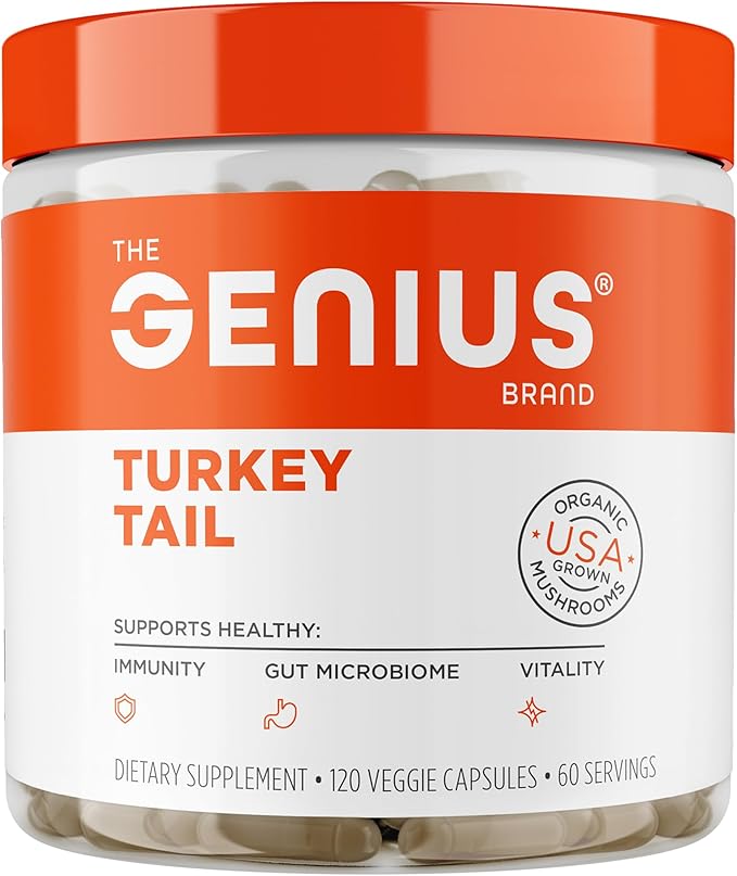 The Genius Brand Genius Turkey Tail - Plant-Based Supplement for Immune, Gut & Antioxidant Support - Organic & Non-GMO - 120 Veggie Capsules