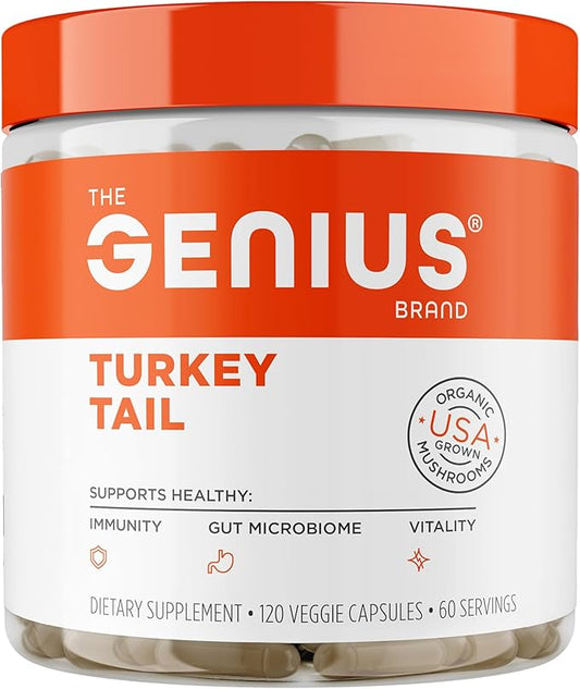The Genius Brand Genius Turkey Tail - Plant-Based Supplement for Immune, Gut & Antioxidant Support - Organic & Non-GMO - 120 Veggie Capsules