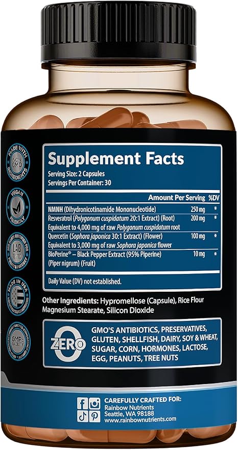 7,260mg NMNH Supplement (NMN Alternative) NAD Booster for Anti-Aging, Cellular Energy & Nice Skin- Dihydronicotinamide mononucleotide, Resveratrol, Quercetin & BioPerine® for Max Absorption- 60 caps