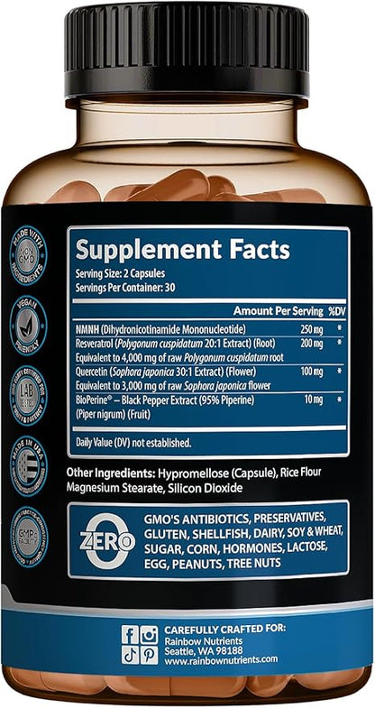 7,260mg NMNH Supplement (NMN Alternative) NAD Booster for Anti-Aging, Cellular Energy & Nice Skin- Dihydronicotinamide mononucleotide, Resveratrol, Quercetin & BioPerine® for Max Absorption- 60 caps