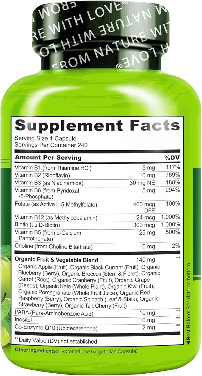 NATURELO Vitamin B Complex with Methyl B12, Methyl Folate, Vitamin B6, Biotin Plus Choline, CoQ10, and Fruit & Vegetable Blend - Supports Energy & Healthy Stress Response - Vegan - 240 Capsules