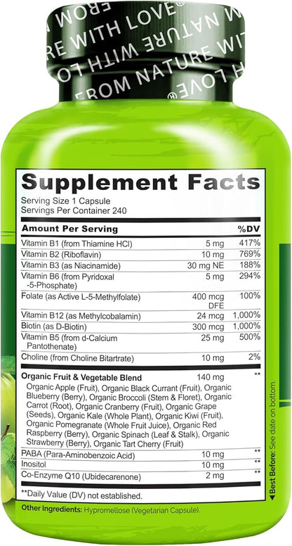 NATURELO Vitamin B Complex with Methyl B12, Methyl Folate, Vitamin B6, Biotin Plus Choline, CoQ10, and Fruit & Vegetable Blend - Supports Energy & Healthy Stress Response - Vegan - 240 Capsules