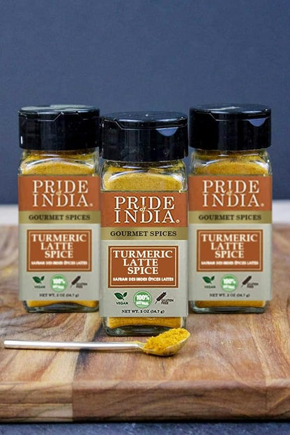 Pride of India – Turmeric Latte Spice Mix – Gourmet & Warm Tea Spice Blend – Healthy/Gluten-Free – Ideal for Lattes/Smoothies/Golden Milk – Easy to Use – 2 oz. Small Dual Sifter Bottle
