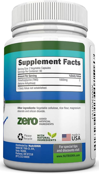 TMG Trimethylglycine Supplement - 1000mg - 180 Capsules - Premium Pure Betaine Anhydrous - Supports Normal Homocysteine & Blood Pressure Levels - Promotes Methylation Processes - Non-GMO Formula