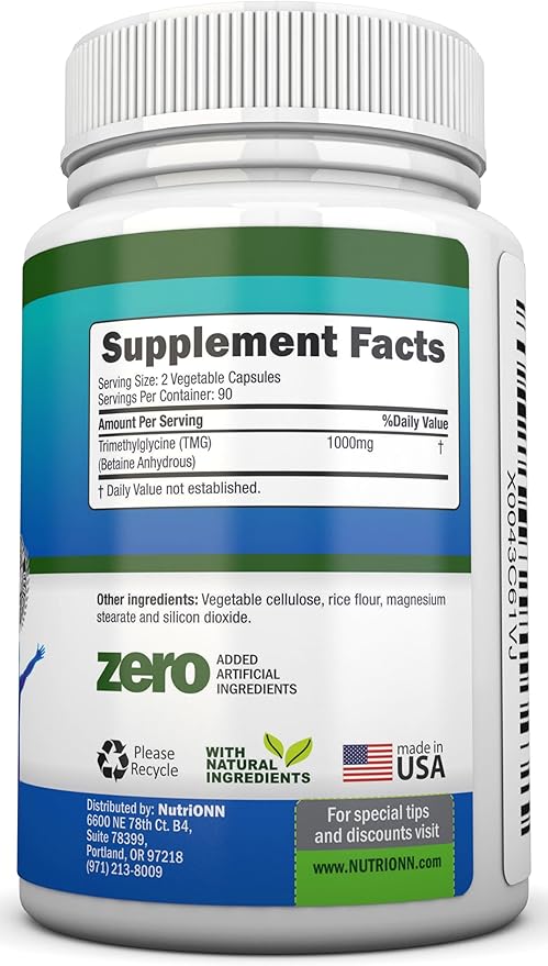 TMG Trimethylglycine Supplement - 1000mg - 180 Capsules - Premium Pure Betaine Anhydrous - Supports Normal Homocysteine & Blood Pressure Levels - Promotes Methylation Processes - Non-GMO Formula