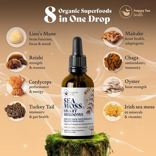 HAPPY FOX Irish Sea Moss Liquid Drops & Mushroom Tincture - Seamoss with 7 Adaptogenic Mushroom Extracts for Cognitive Support & Gut Health, Mushroom Coffee Elixir, Dark Chocolate Flavor