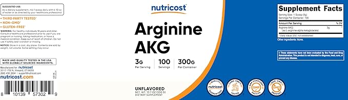 Nutricost Arginine AKG Powder 300 Grams (AAKG) - 3G Per Serving & 100 Servings - Pure Arginine Alpha Ketoglutarate