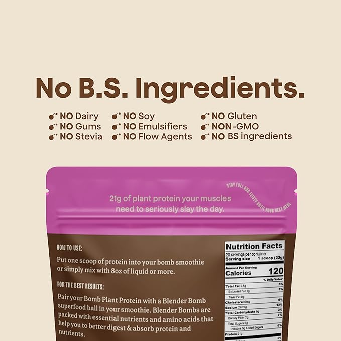 The Bomb Co. Bomb Plant Protein, Protein Powder with 21g Protein, Amino Acids, Zero Sugar, Pea Protein, Cocoa, Chia Seeds, Pumpkin Seeds, Vanilla & Monk Fruit, Gluten Free, Chocolate Flavor, 20 Srvgs