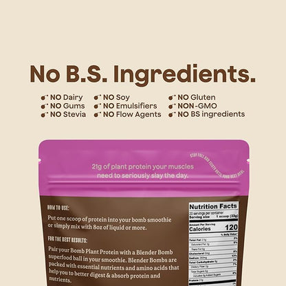 The Bomb Co. Bomb Plant Protein, Protein Powder with 21g Protein, Amino Acids, Zero Sugar, Pea Protein, Cocoa, Chia Seeds, Pumpkin Seeds, Vanilla & Monk Fruit, Gluten Free, Chocolate Flavor, 20 Srvgs