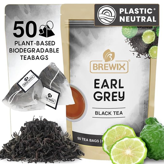 BREWIX, Earl Grey Black Tea (50 Pyramid Tea Bags) Black Tea with Bergamot | Gluten Free, Energizing & Caffeinated | Sugar-Free, High Caffeine | Gourmet Tea