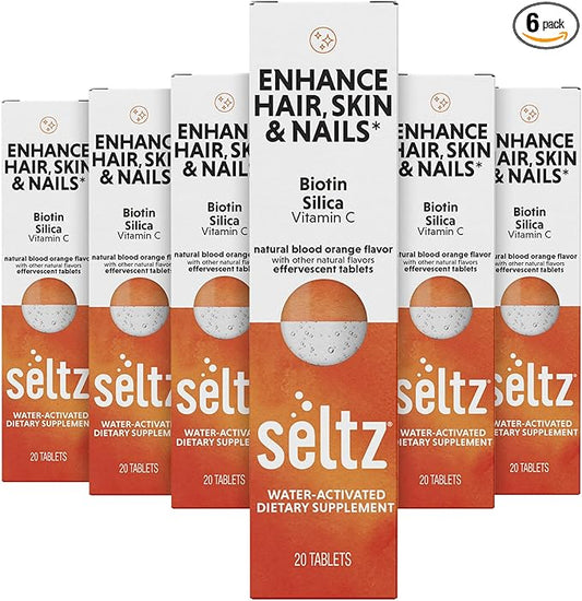 Seltz® Water-Activated Vitamins - Enhance Hair, Skin & Nails with Vitamin C, Silica, and Biotin – Natural Blood Orange Flavor Dietary Supplement - 6 Packs x 20 Effervescent Tablets Each