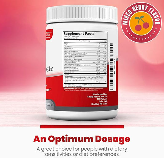 Simply Natures Pure Cardio Complete with 5,000 L-Arginine, 1,000mg L-Citrulline, and Hawthorn Berry - Heart Health & Cardiovascular Support Powder Supplement and 3-in-1 Nitric Oxide Booster