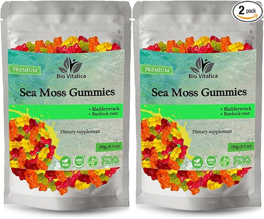 Sea Moss Gummies - Irish sea Moss raw Organic, Bladderwrack, Burdock Root. Contains Sea Moss Gel and Powder. Superfoods for Vegan, Keto and Dr Sebi Diet. Immune Boosting (2 Packs)