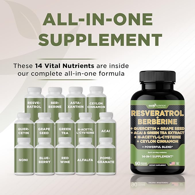 Gade Nutrition Resveratrol Berberine Quercetin Grape Seed Extract Green Tea Extract N-Acetyl Cysteine - 14 in 1 Complex Supplement for Women & Men with Potent Antioxidants - Made in USA