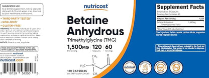 Nutricost Betaine Anhydrous Capsules 1500mg, 60 Servings - Gluten Free, Non-GMO, 750mg Per Cap, 120 Capsules