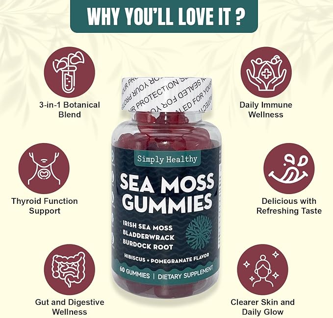 Premium Sea Moss Gummies, Irish Sea Moss Supplement with Bladderwrack and Burdock Root, Vegan Support Detox Gummies, Plant-Based Wellness, for Gut Health, Superfood 60ct