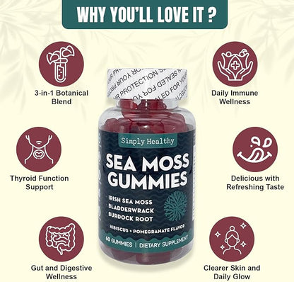 Premium Sea Moss Gummies, Irish Sea Moss Supplement with Bladderwrack and Burdock Root, Vegan Support Detox Gummies, Plant-Based Wellness, for Gut Health, Superfood 60ct