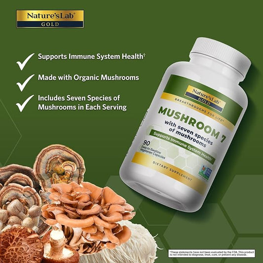 Nature's Lab Mushroom 7 Organic Blend - Benefits The Immune System, Cell Function and Endurance - 90 Capsules (45 Servings)