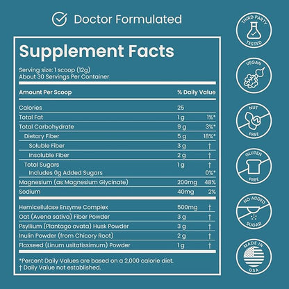 Nighttime Prebiotic Fiber Powder with Digestive Enzymes & Magnesium Glycinate for Sleep | Gut Health Supplement for Women & Men - Digestion Support, Bloating Relief - Citrus, 7 Servings